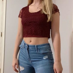maroon lace crop top